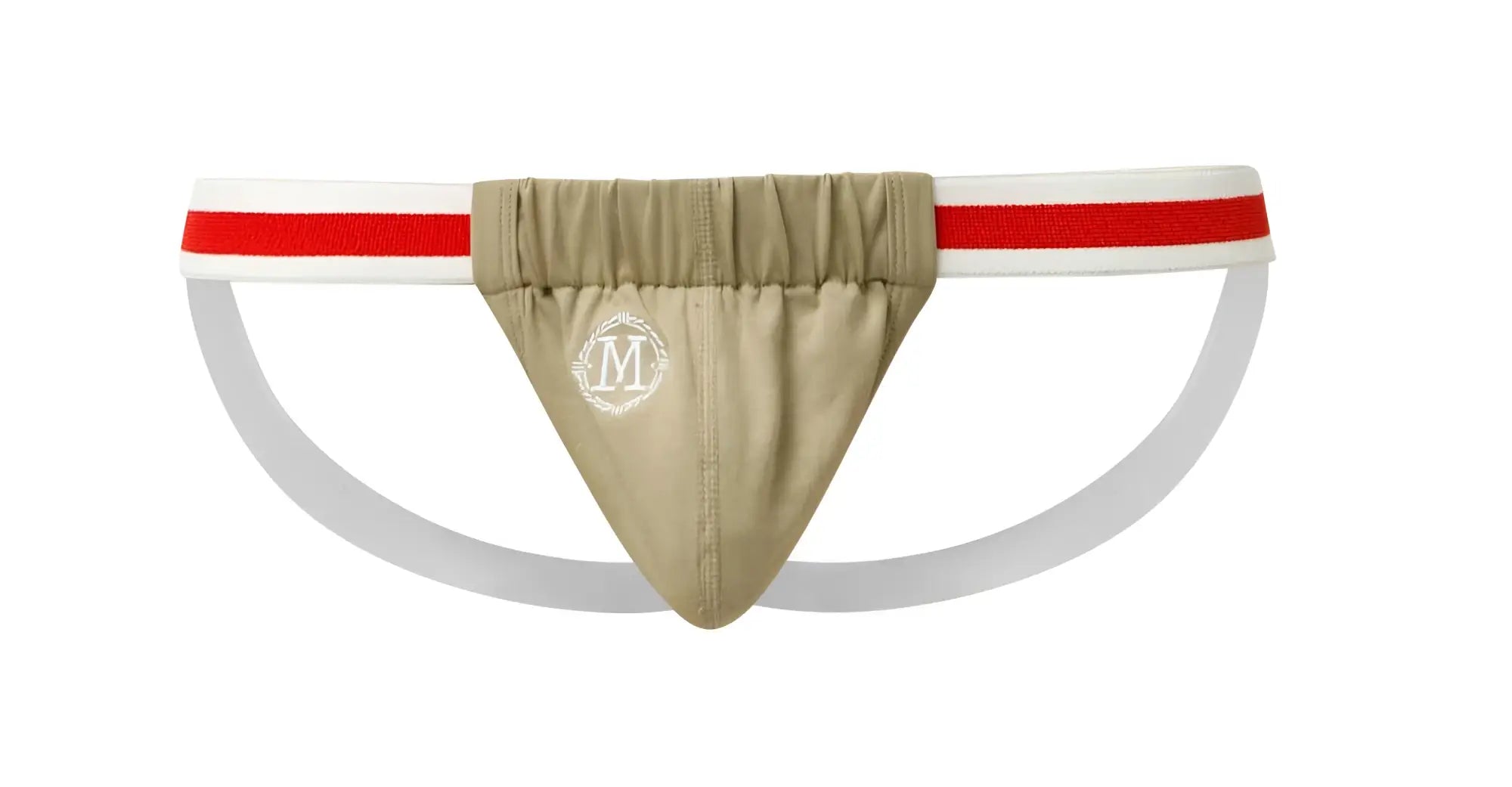 Beige marcuse maximo jock underwear brief with white and red striped waistband and subtle front embroidered logo