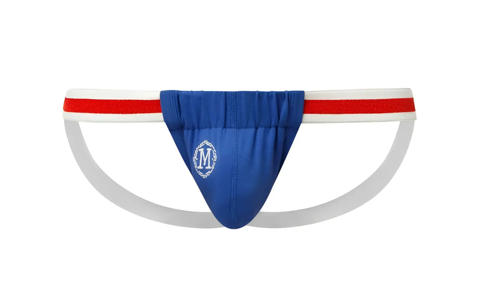 Blue Marcuse Maximo jock underwear with white and red striped waistband and white embroidered logo on front