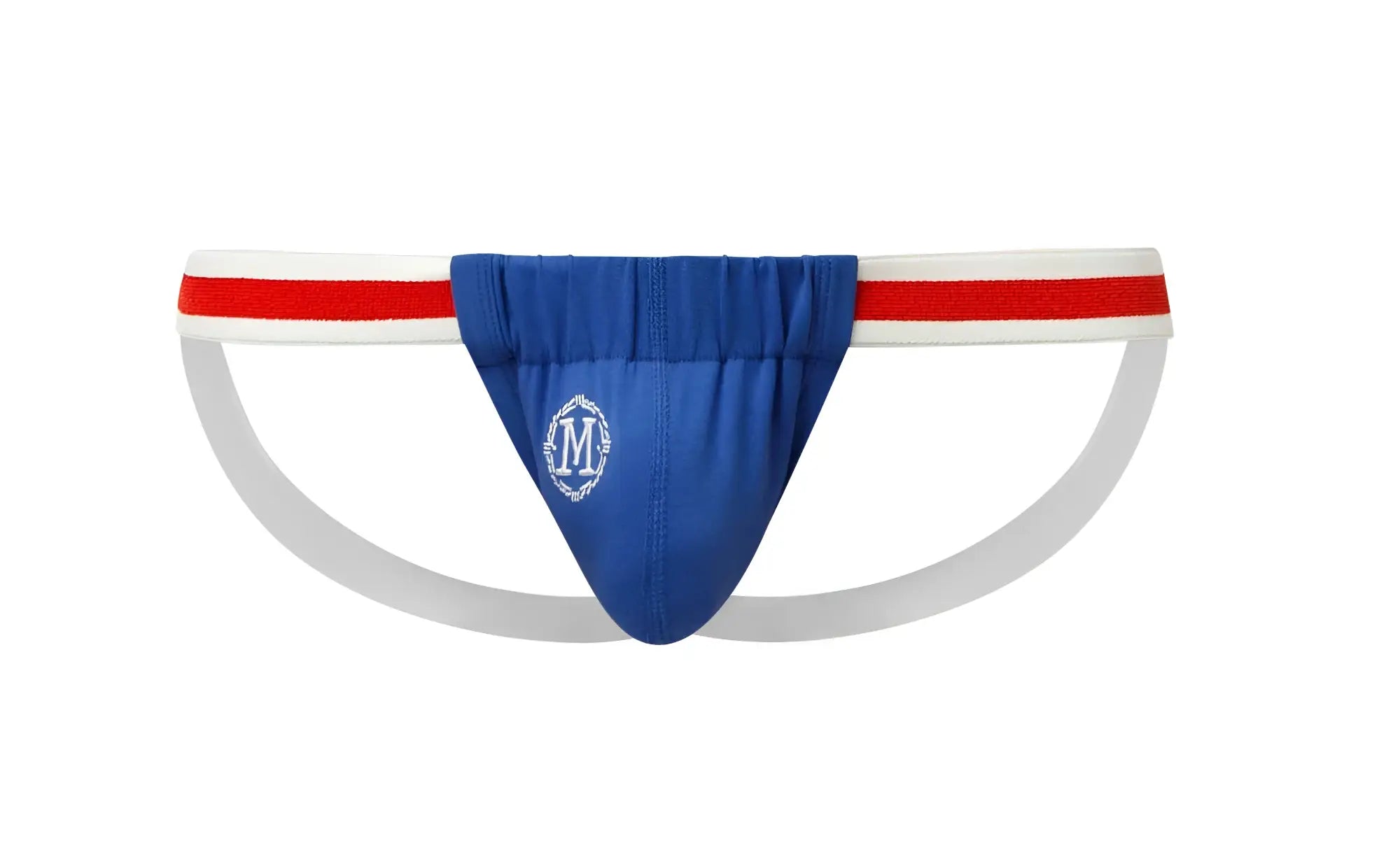 Blue Marcuse Maximo jock underwear with white and red striped waistband and white embroidered logo on front