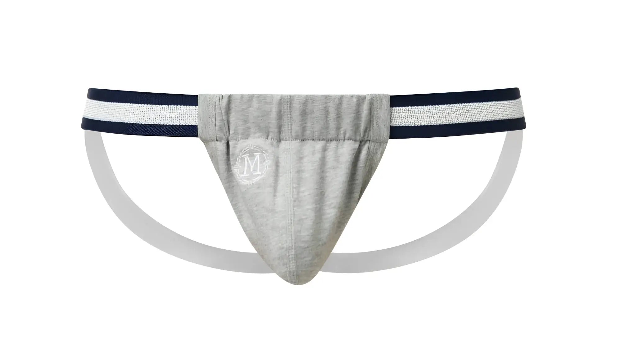 Gray heathered marcuse maximo jock underwear with navy and white striped waistband and subtle embroidered m logo