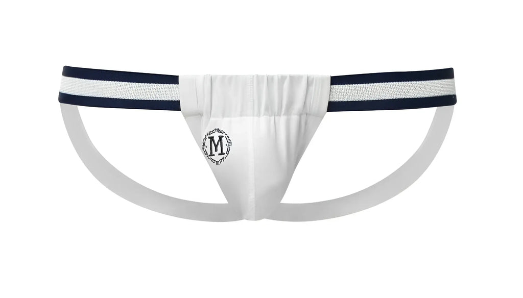 White marcuse maximo jock underwear with navy blue striped waistband and black embroidered m monogram