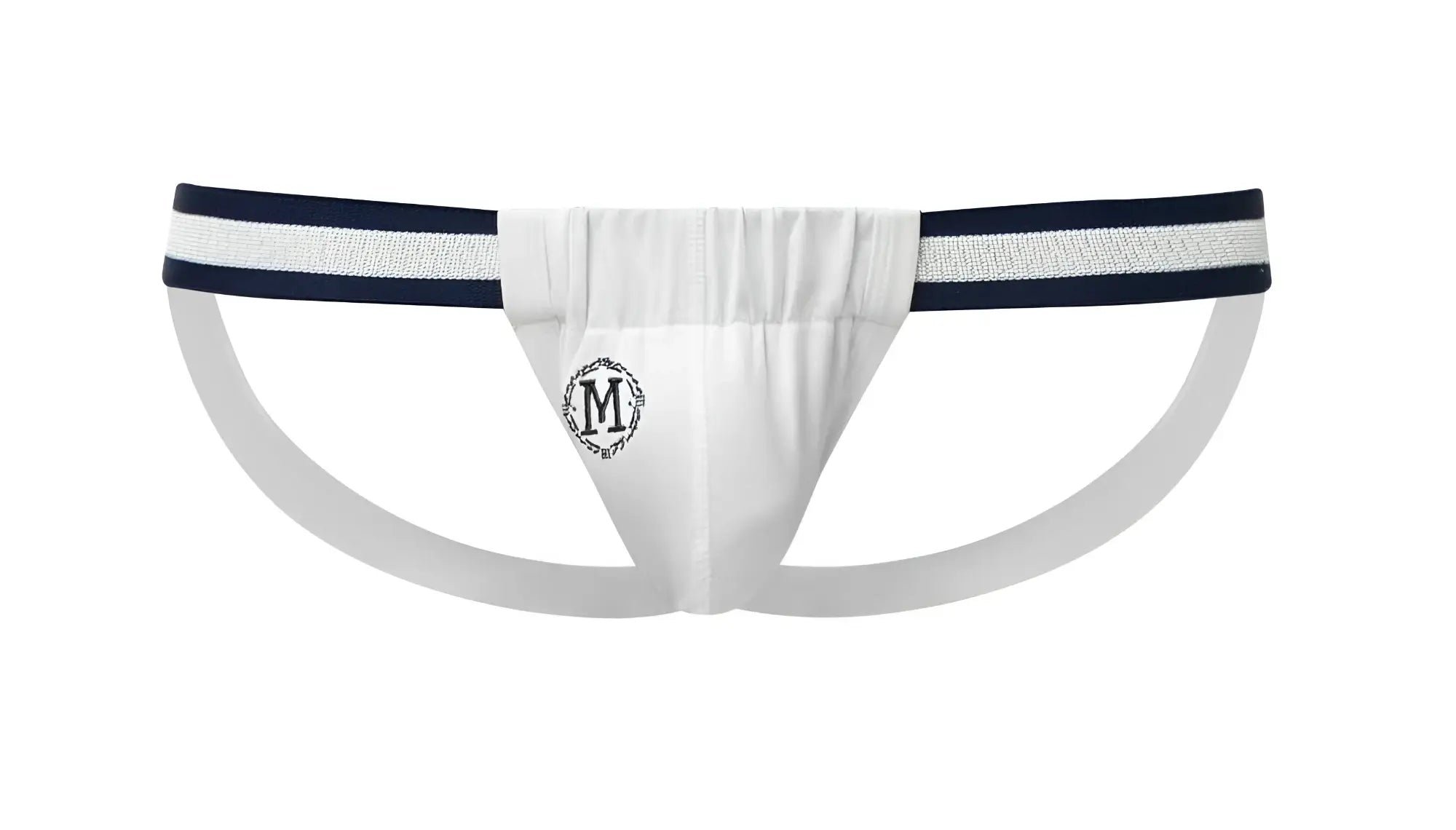 White marcuse maximo jock underwear with navy blue striped waistband and black embroidered m monogram