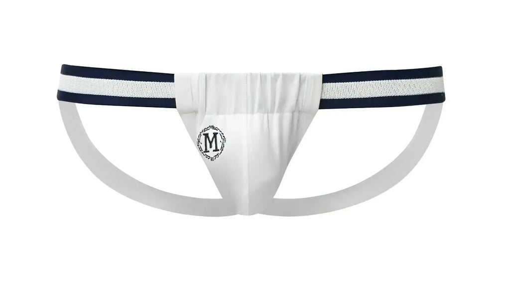 White marcuse maximo jock underwear with navy blue striped waistband and black embroidered m monogram