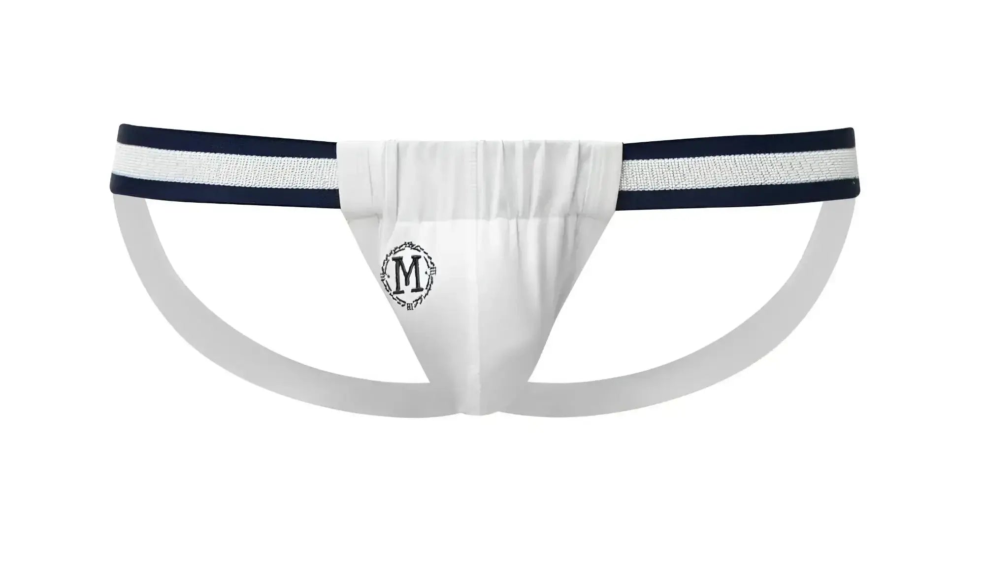 White marcuse maximo jock underwear with navy blue striped waistband and black embroidered m monogram