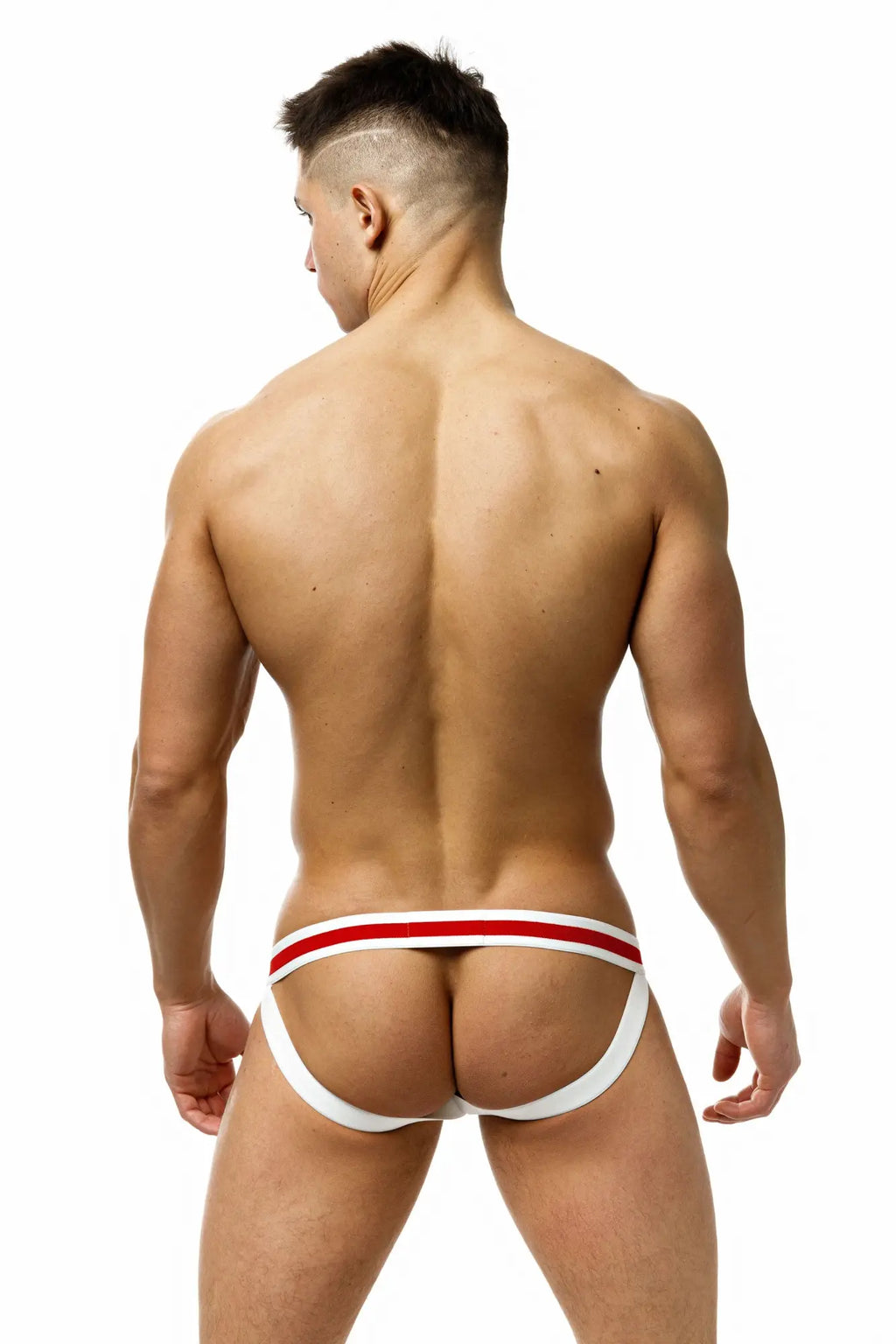 White and red striped marcuse maximo jock underwear with supportive contoured design for athletic use