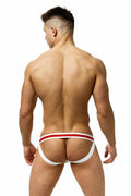 White and red striped marcuse maximo jock underwear with supportive contoured design for athletic use