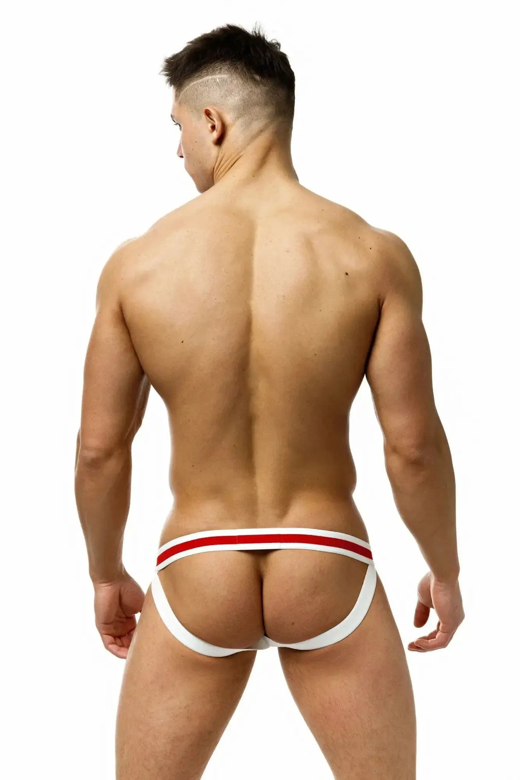 White and red striped marcuse maximo jock underwear with supportive contoured design for athletic use