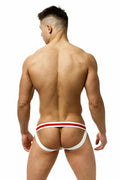 White and red striped marcuse maximo jock underwear with supportive contoured design for athletic use