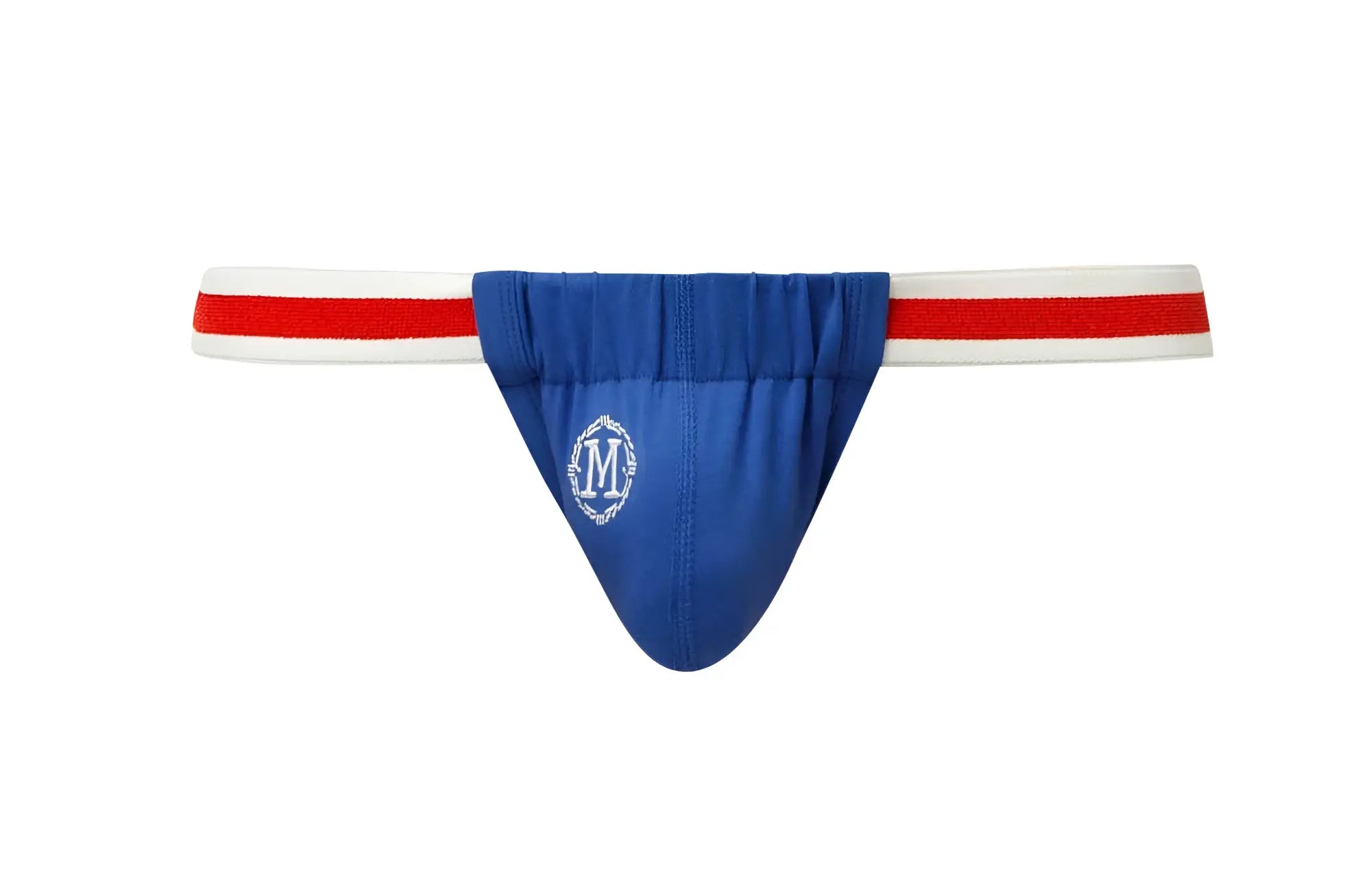 Blue Marcuse Maximo thong underwear with white and red striped waistband and silver embroidered logo