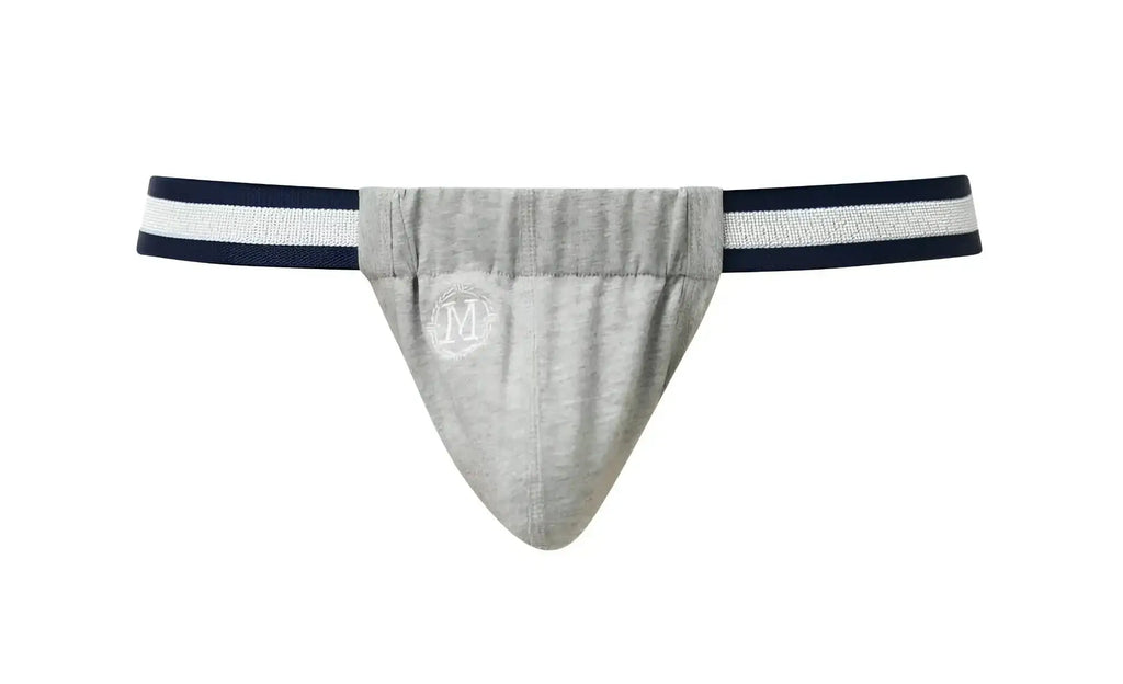 Gray heathered Marcuse Maximo thong underwear with navy and white striped waistband for athletic wear