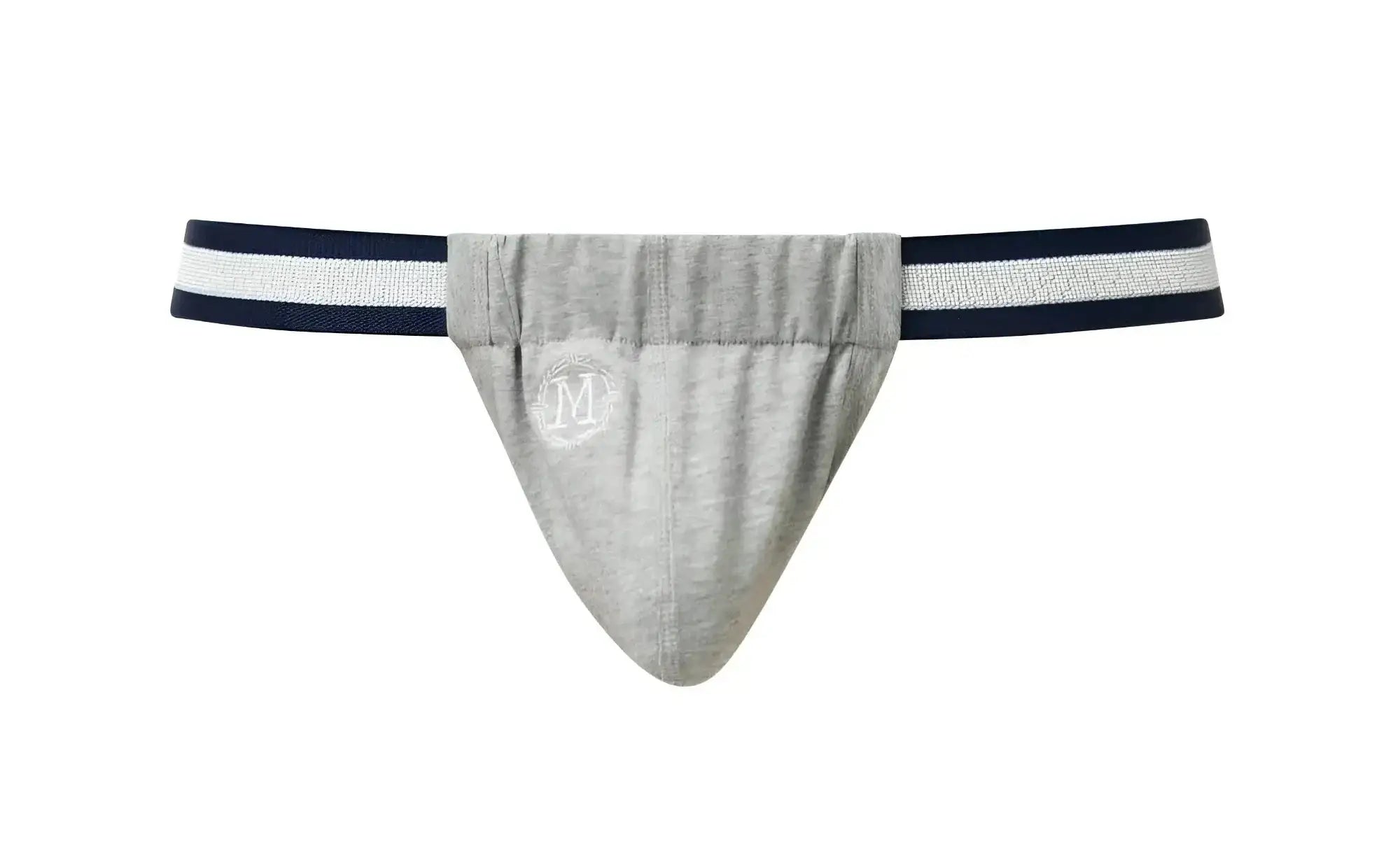 Gray heathered Marcuse Maximo thong underwear with navy and white striped waistband for athletic wear
