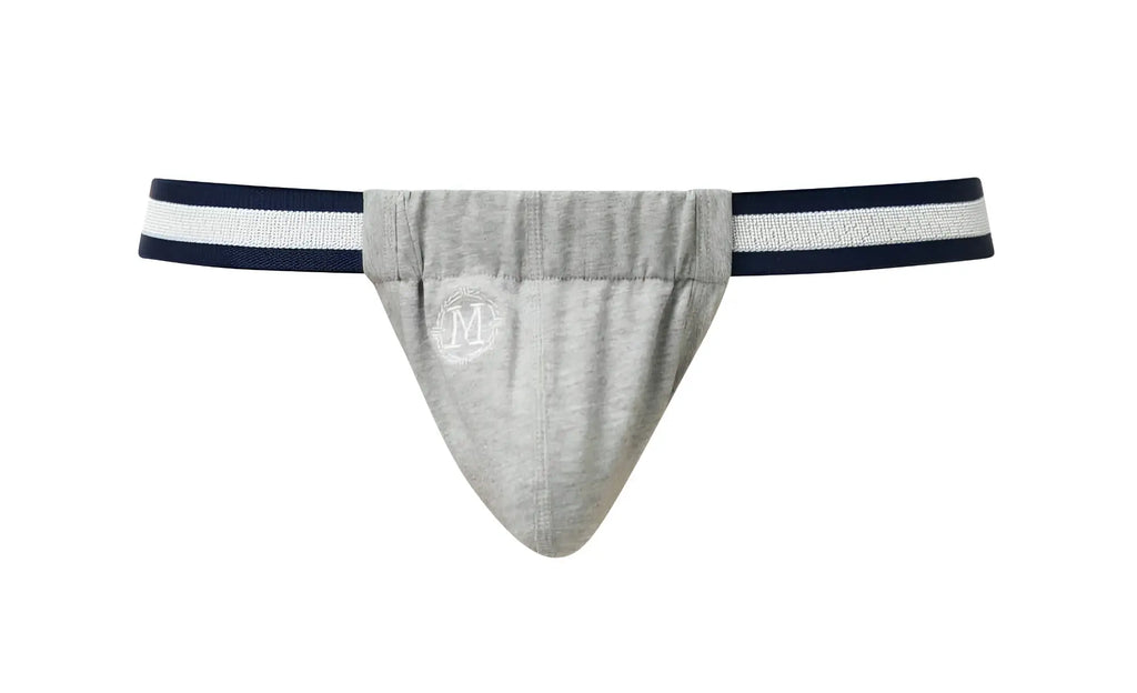 Gray heathered Marcuse Maximo thong underwear with navy and white striped waistband for athletic wear