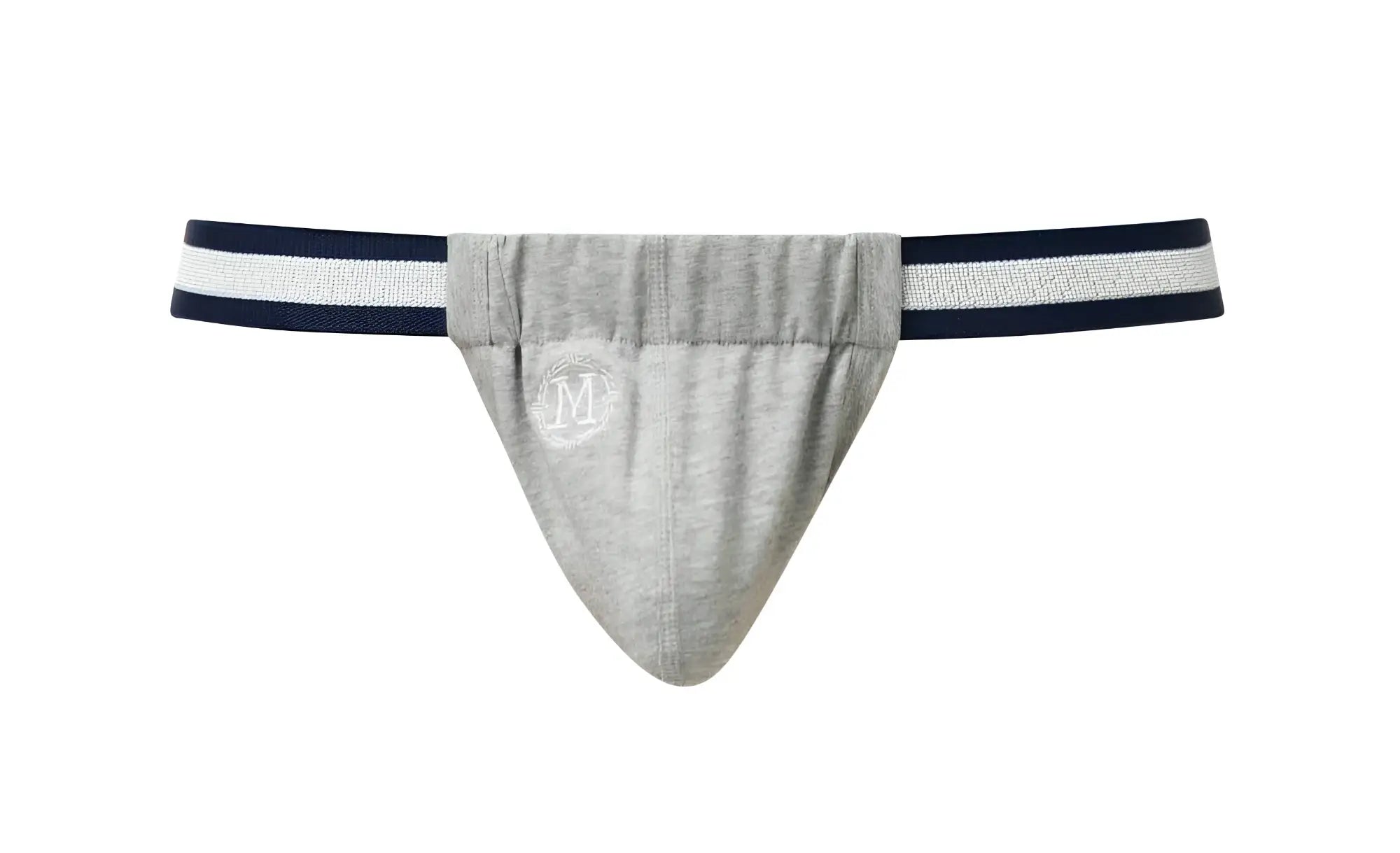 Gray heathered Marcuse Maximo thong underwear with navy and white striped waistband for athletic wear