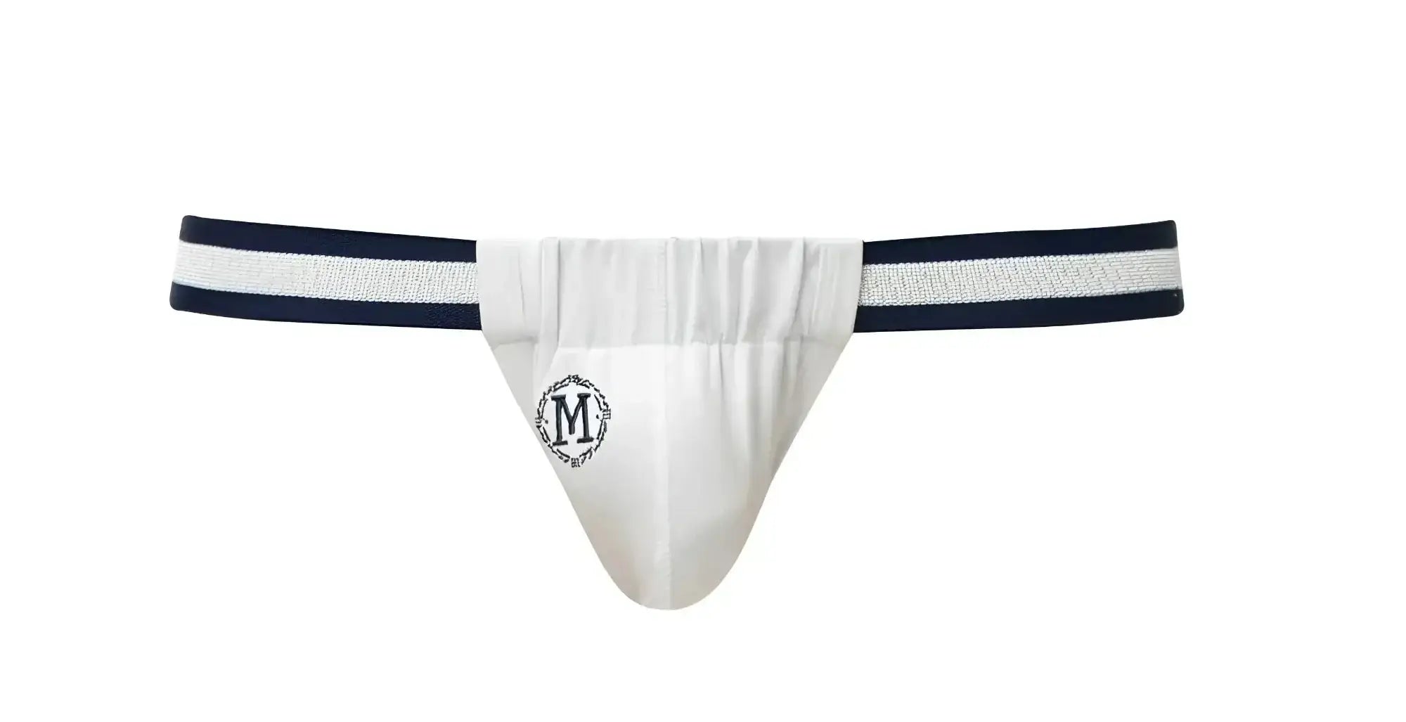 White marcuse maximo thong underwear with navy blue and white striped waistband and circular embroidered logo on front