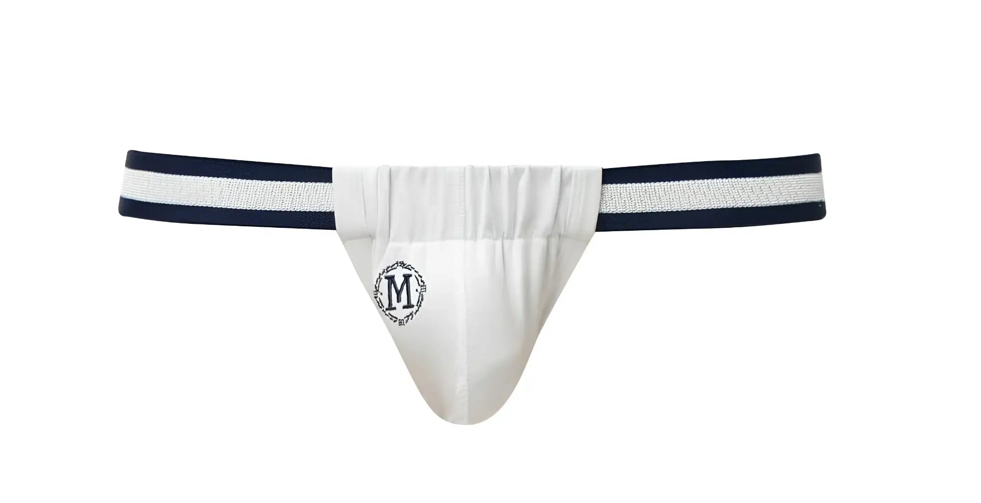 White marcuse maximo thong underwear with navy blue and white striped waistband and circular embroidered logo on front