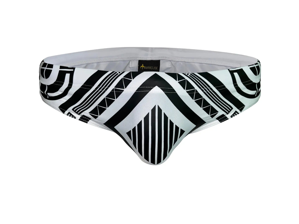 Marcuse Mecha Bikini Swimwear black and white geometric patterned men’s swim trunks with sleek modern design