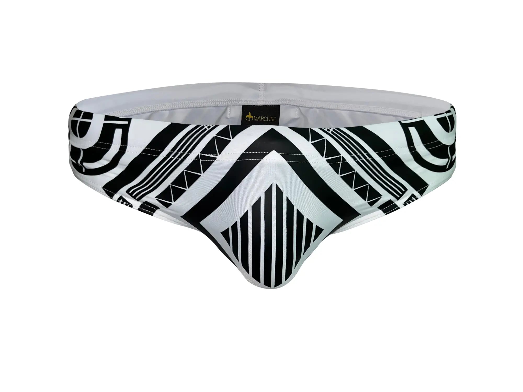 Marcuse Mecha Bikini Swimwear black and white geometric patterned men’s swim trunks with sleek modern design