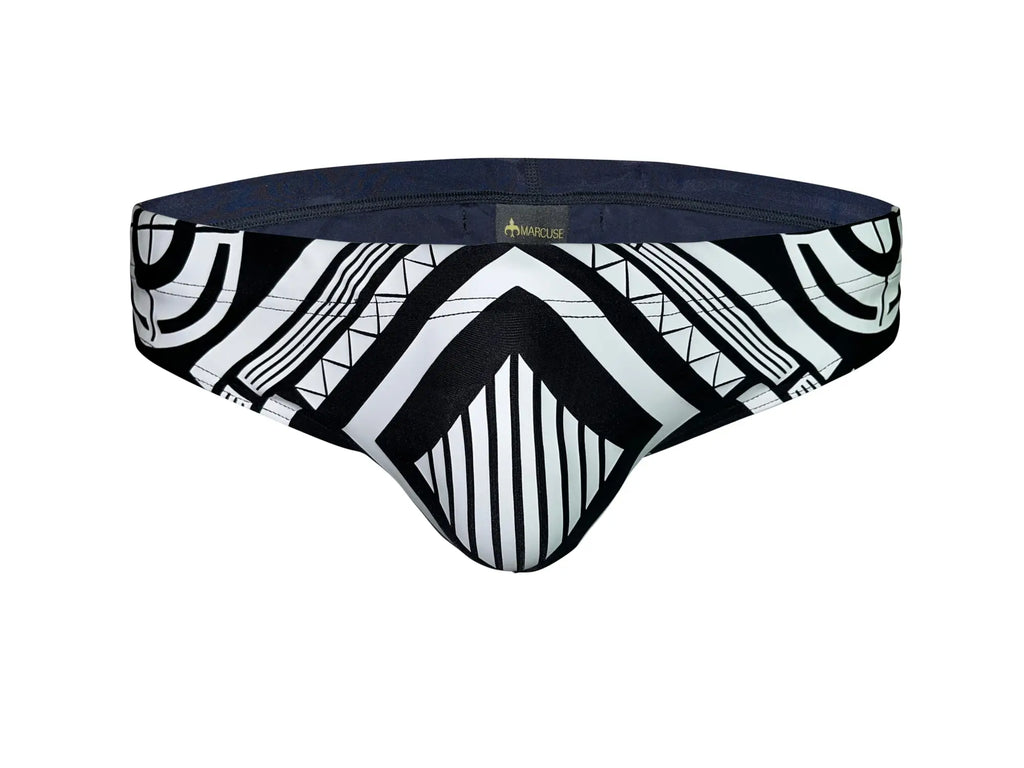 Marcuse Mecha bikini swimwear black and white patterned men’s briefs with bold geometric designs