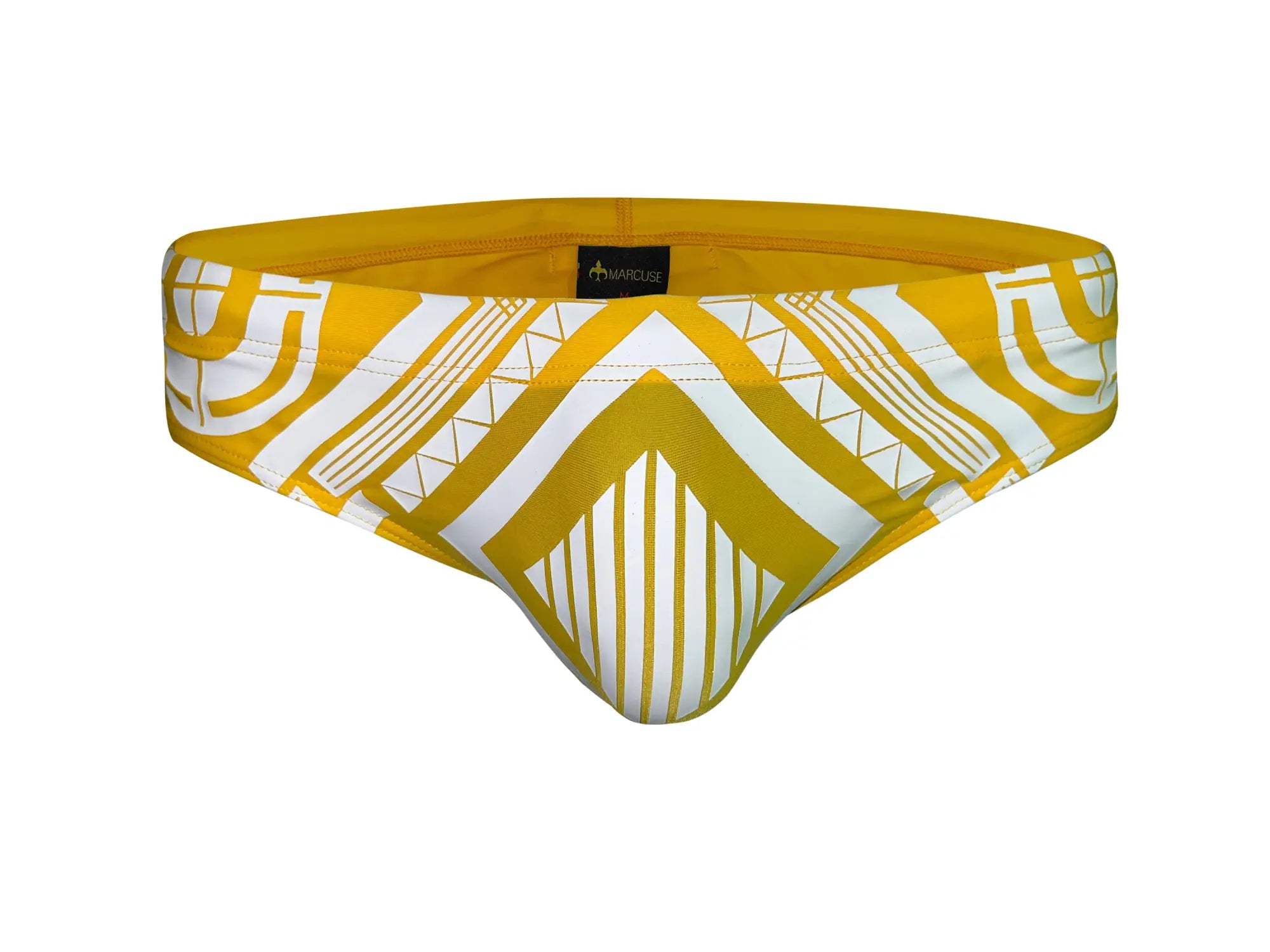 Marcuse mecha bikini swimwear yellow and white geometric patterned men’s swim trunks with bold angular design
