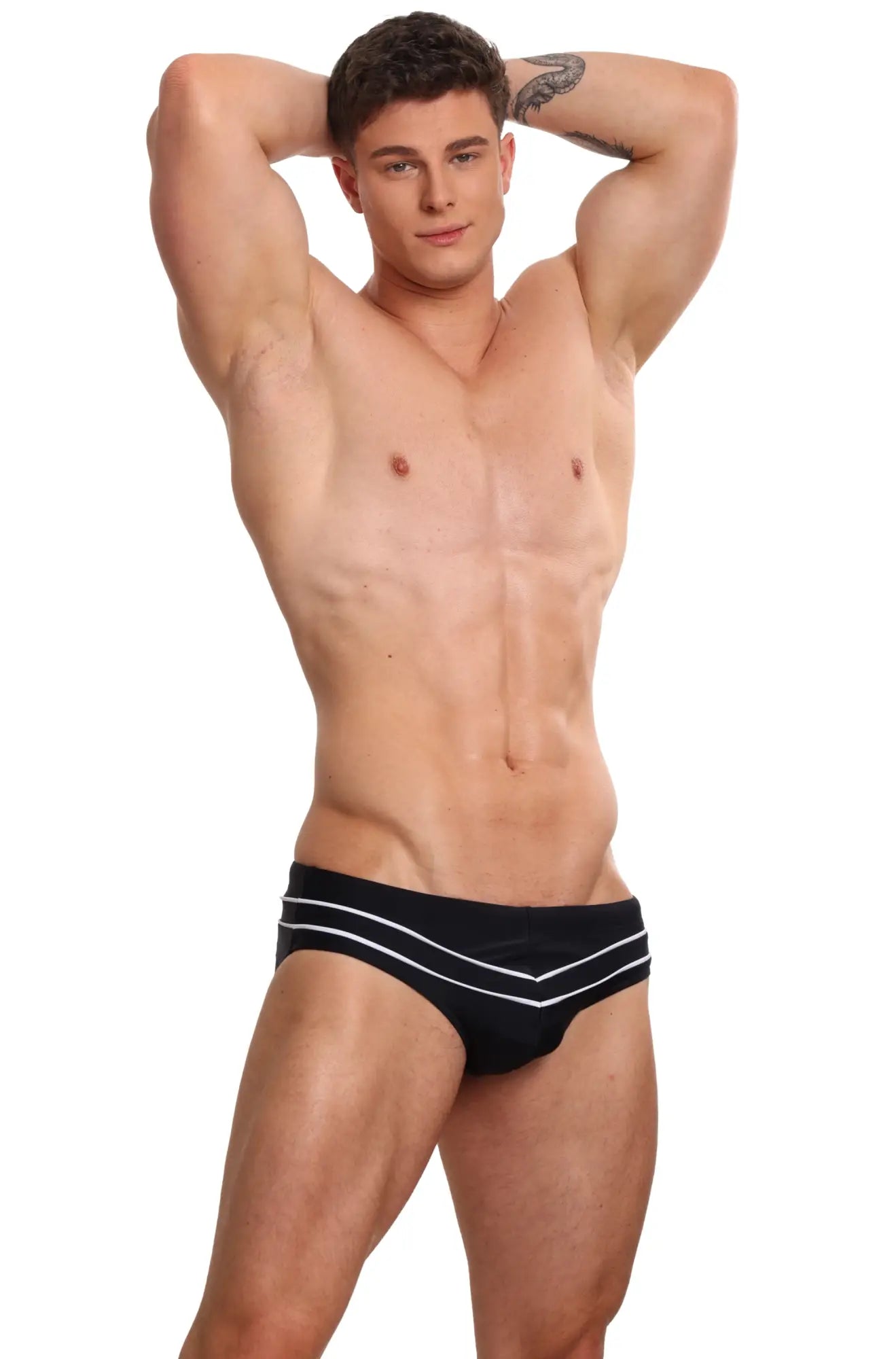 Black marcuse memphis bikini swimwear swim trunks with two white diagonal stripes on the waistband