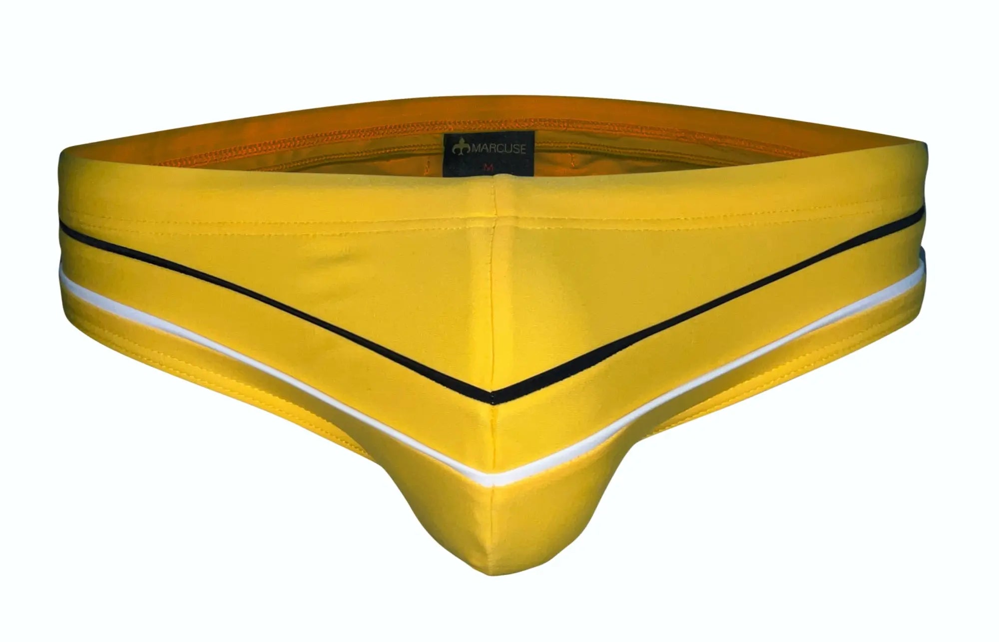 Bright yellow Marcuse Memphis bikini swimwear men’s swim trunks with black and white trim for swimming and beachwear