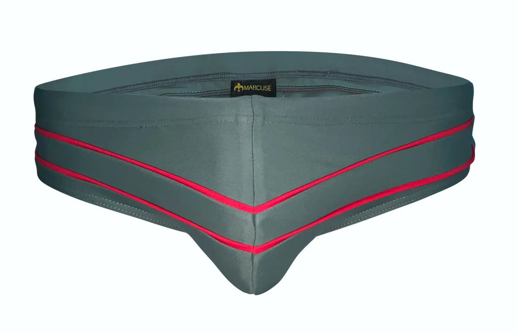 Gray marcuse memphis bikini swimwear briefs with bold red trim and subtle brand tag at the center front