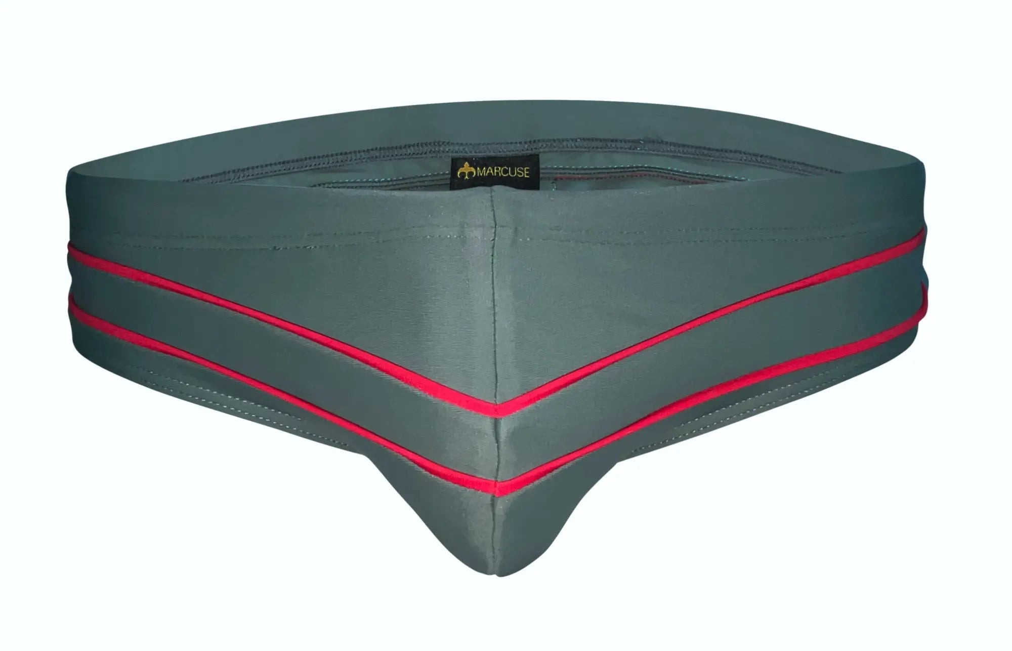 Gray marcuse memphis bikini swimwear briefs with bold red trim and subtle brand tag at the center front