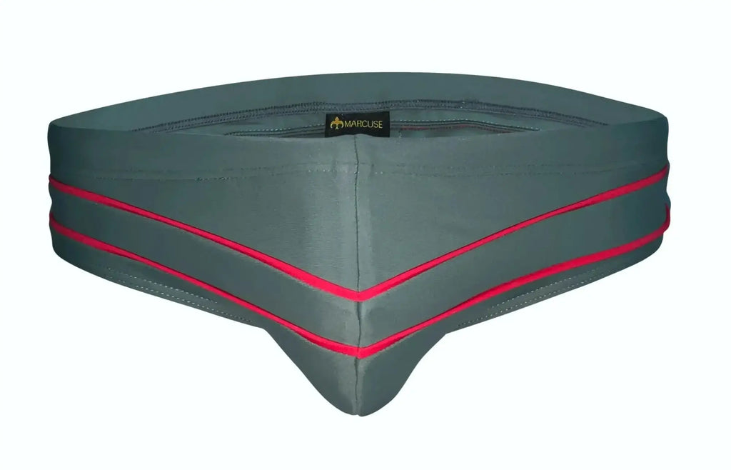 Gray marcuse memphis bikini swimwear briefs with bold red trim and subtle brand tag at the center front