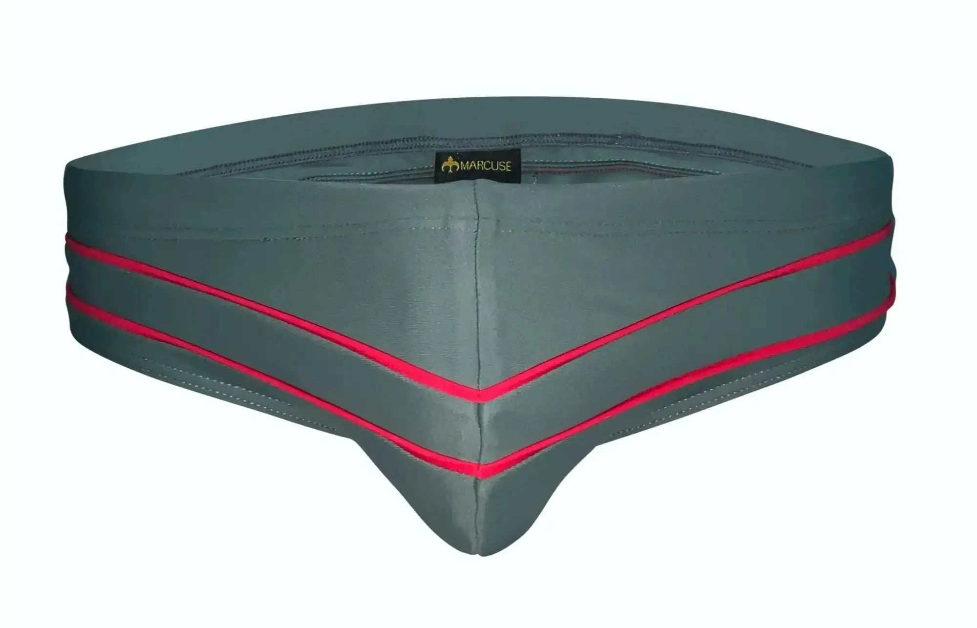 Gray marcuse memphis bikini swimwear briefs with bold red trim and subtle brand tag at the center front