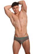 Olive green marcuse memphis bikini swimwear briefs with red striped detailing front view for swim use