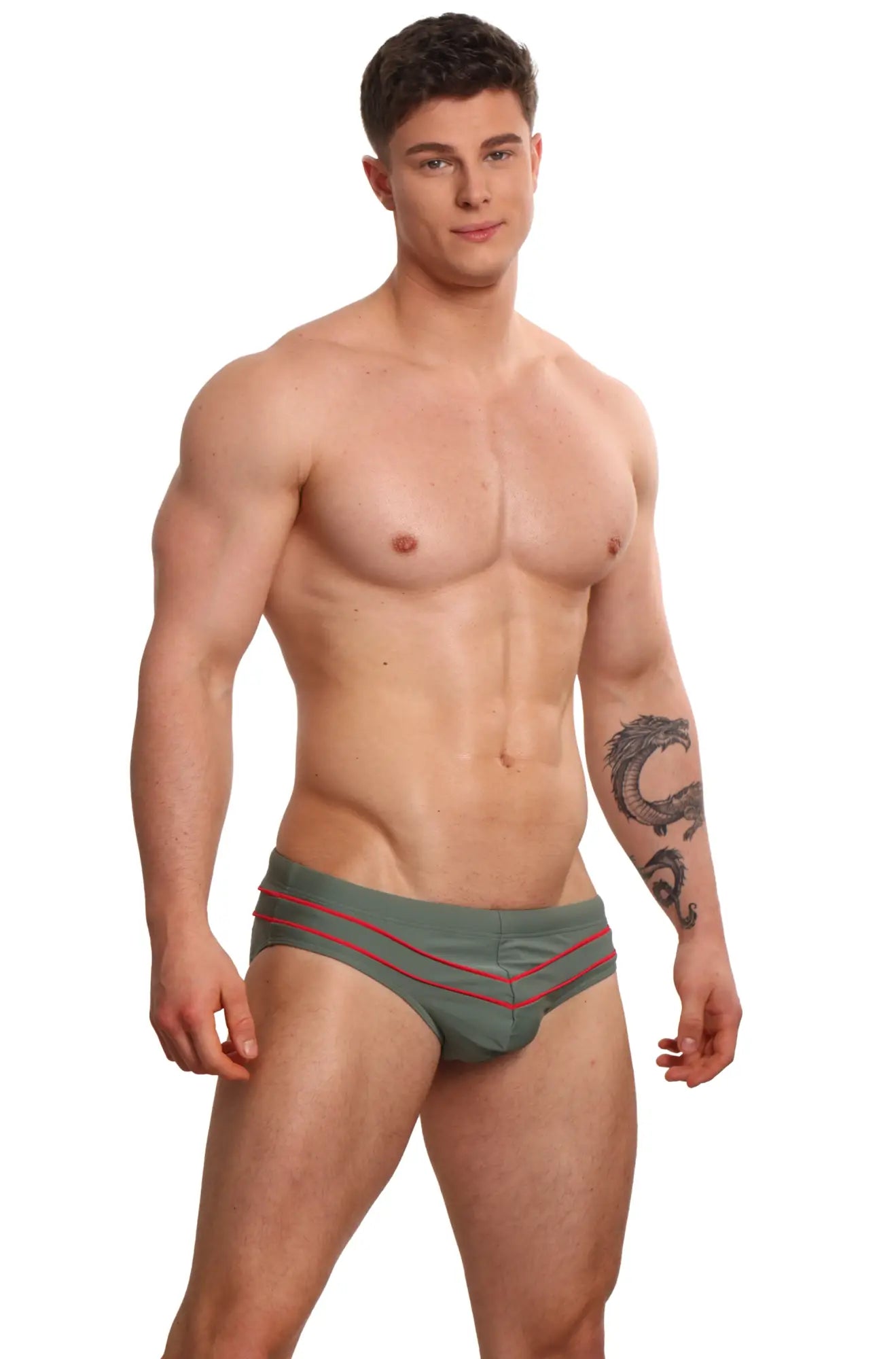 Olive green marcuse memphis bikini swimwear briefs with red trim designed for stylish swimwear use