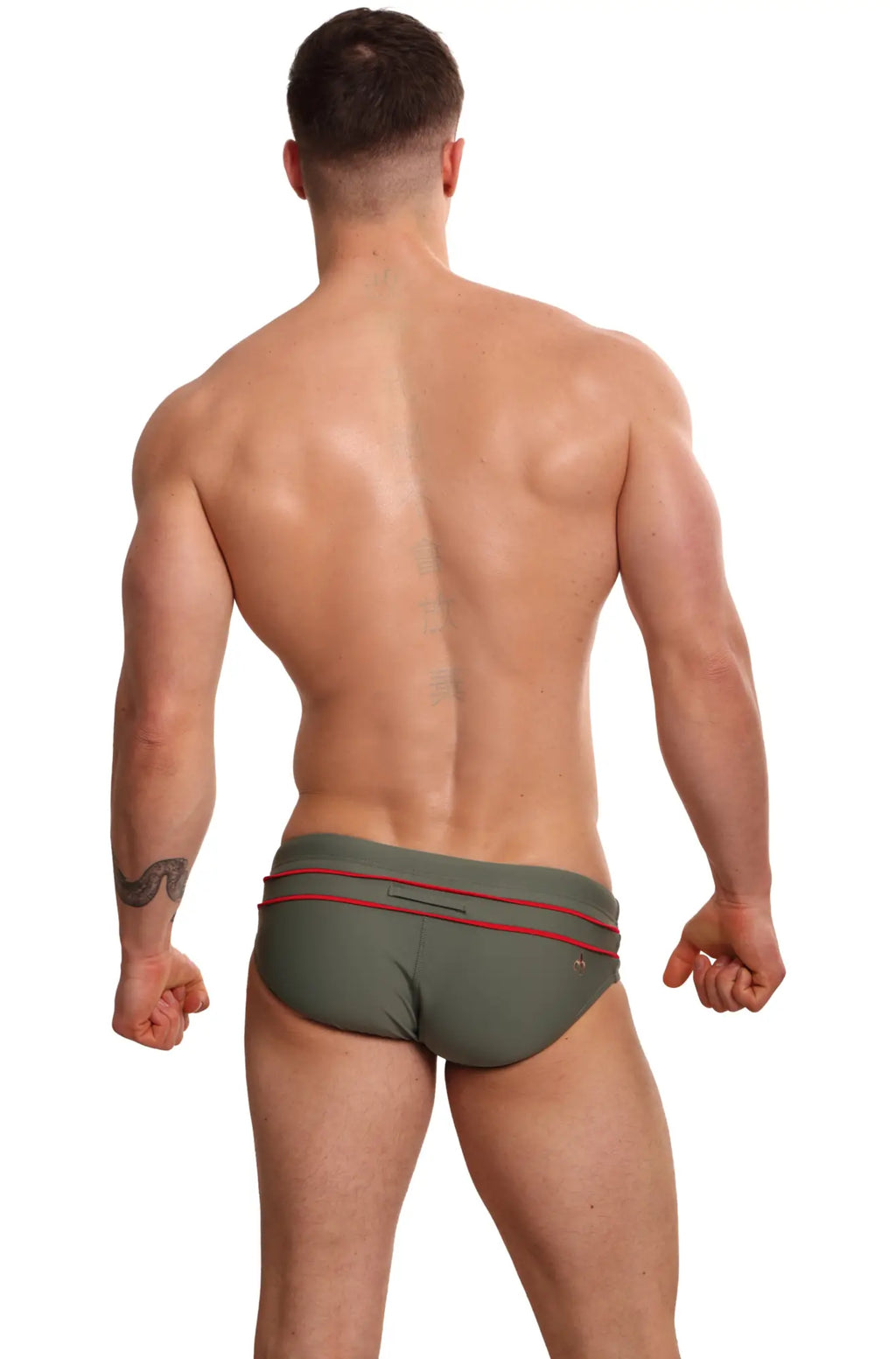 Olive green marcuse memphis bikini swimwear briefs with red trim designed for swimwear use