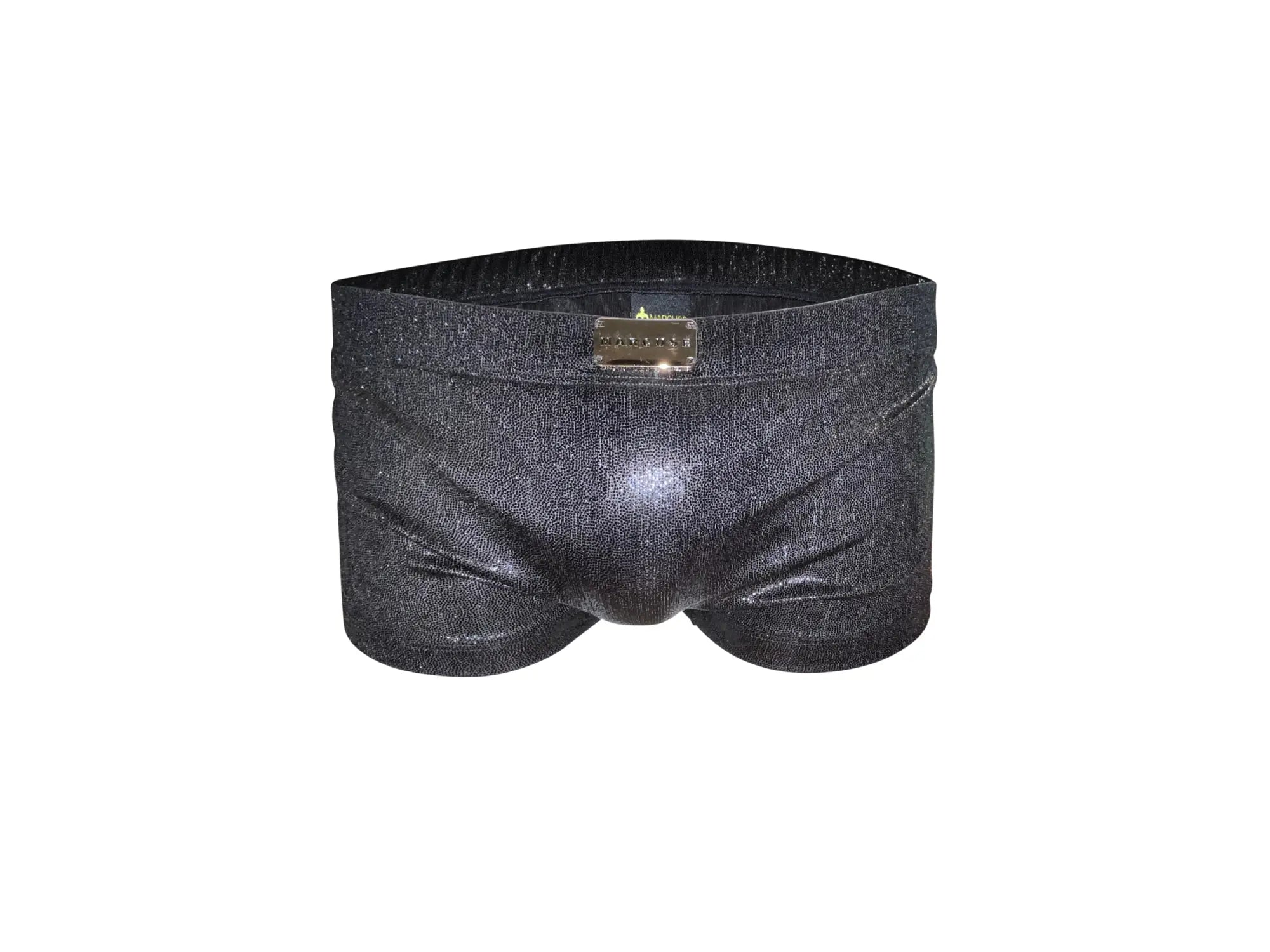 Black glittery swim trunks with metallic gold marcuse brand plaque on the waistband for stylish beachwear