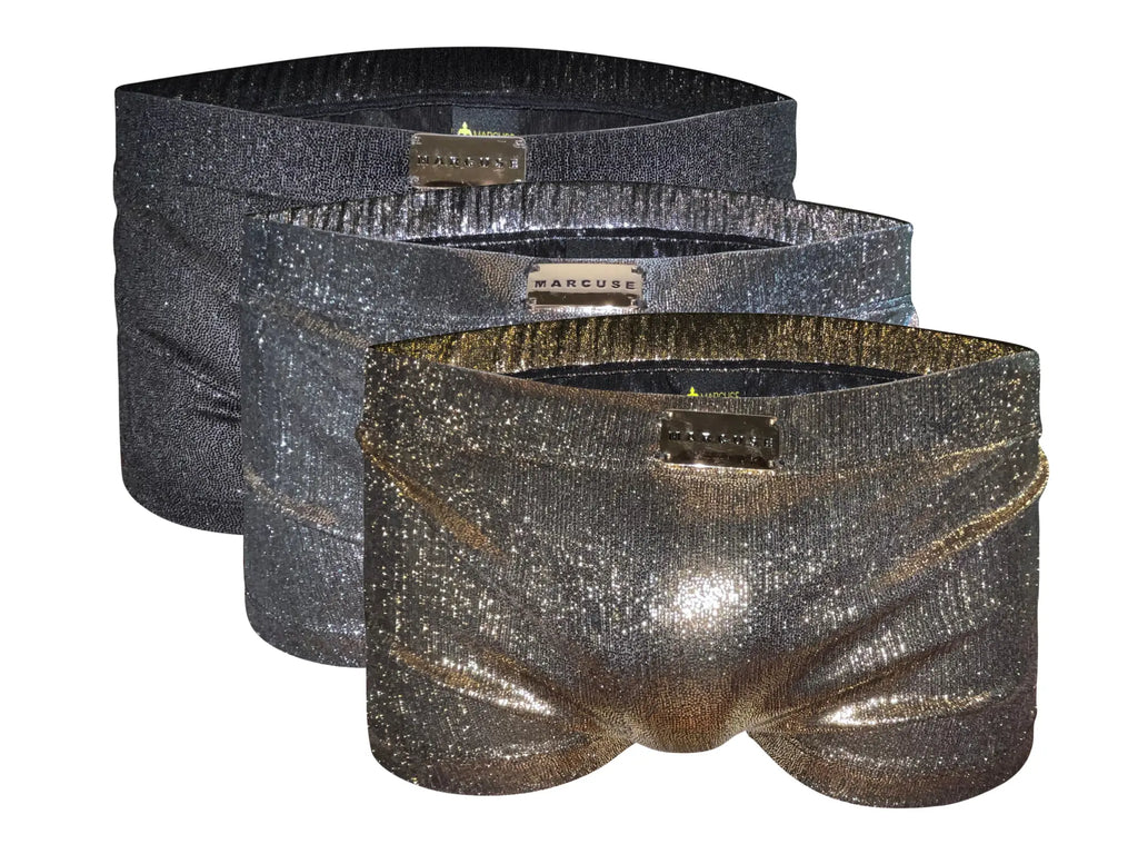 Marcuse midnight shorts set of three shimmering metallic briefs in black silver and gold with subtle glittery texture