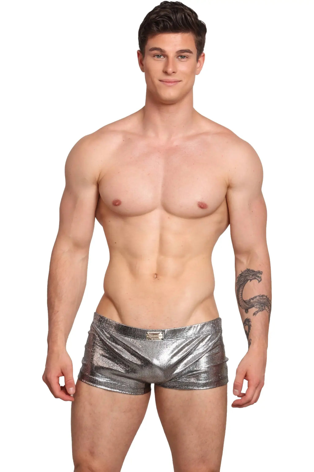 Marcuse midnight shorts shiny silver metallic briefs with sleek reflective finish and small metal plaque on waistband