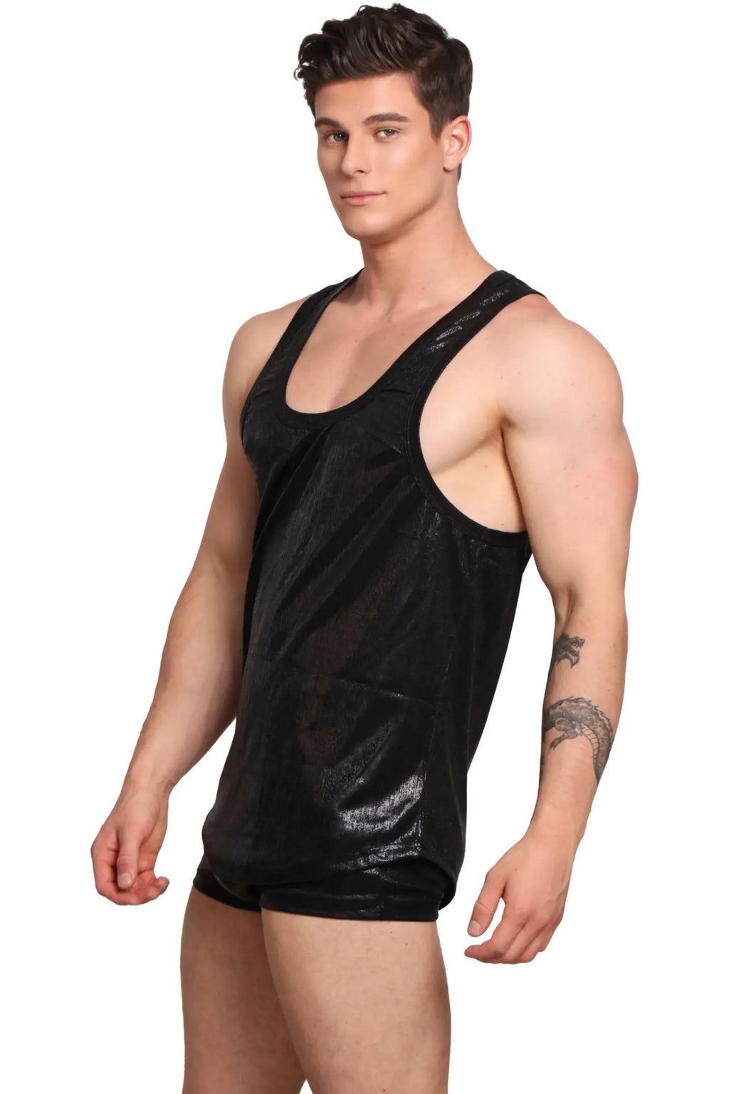 Marcuse midnight tank top in black shiny sleeveless fabric with thin straps and a subtle sheen