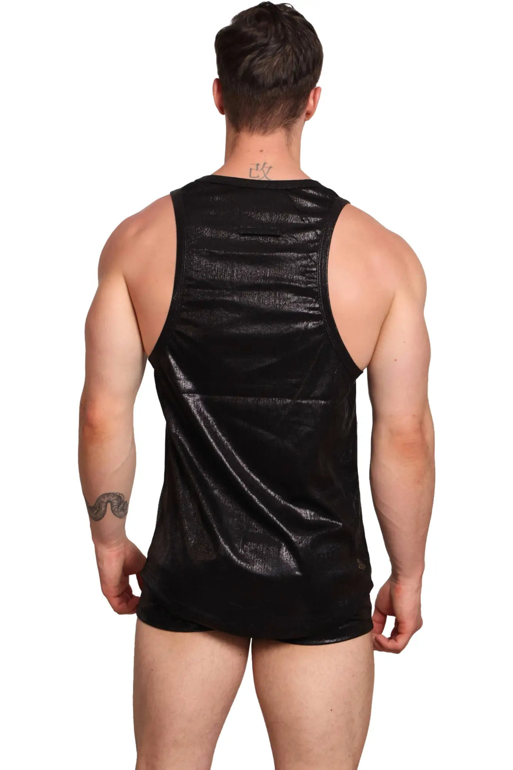 Marcuse midnight tank top is a black sleeveless top with shiny textured reflective material for stylish wear