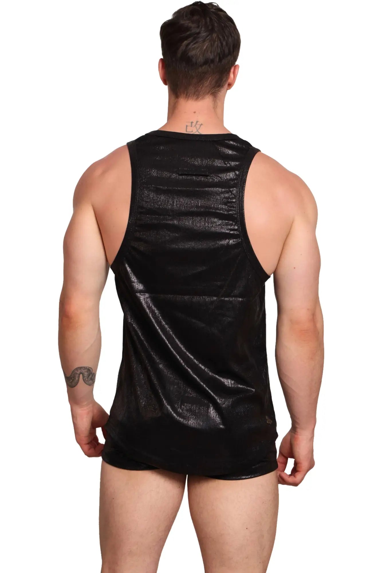 Marcuse midnight tank top is a black sleeveless top with shiny textured reflective material for stylish wear