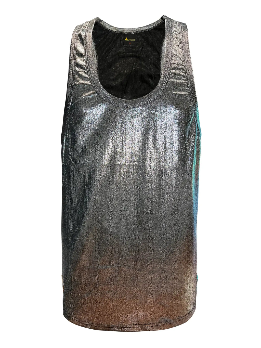 Marcuse midnight tank top shimmering iridescent with metallic silver to bronze gradient and sleek reflective surface