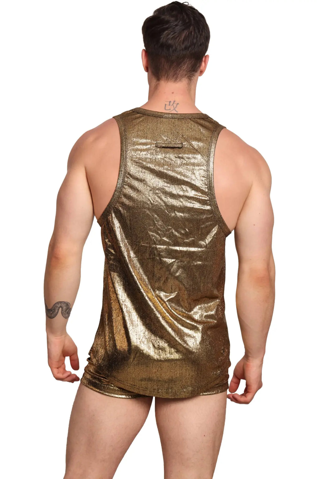 Shiny gold metallic marcuse midnight tank top with sleek form-fitting design