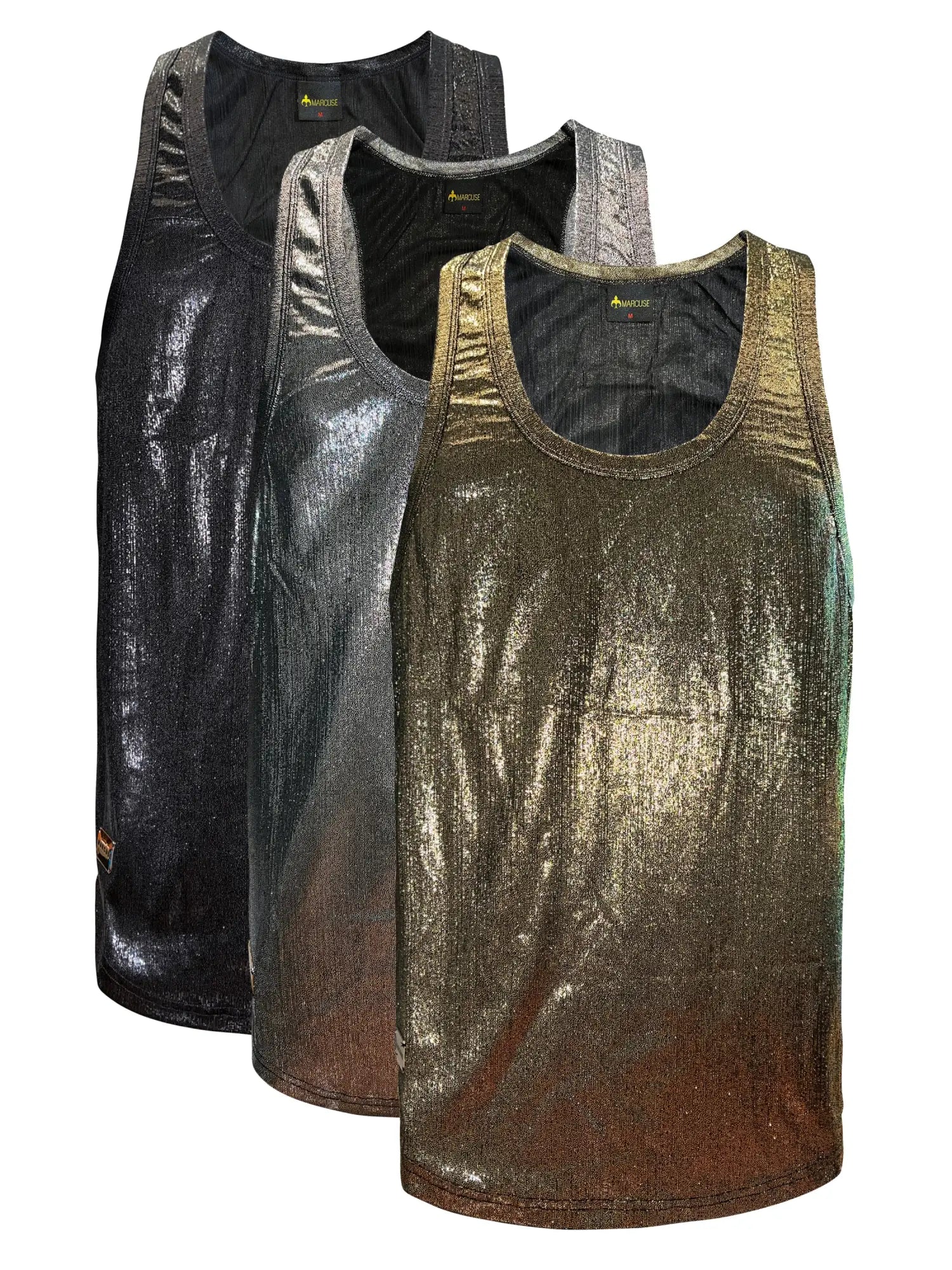 Marcuse midnight tank top shiny metallic tank tops in black silver and gold gradient hues for stylish wear