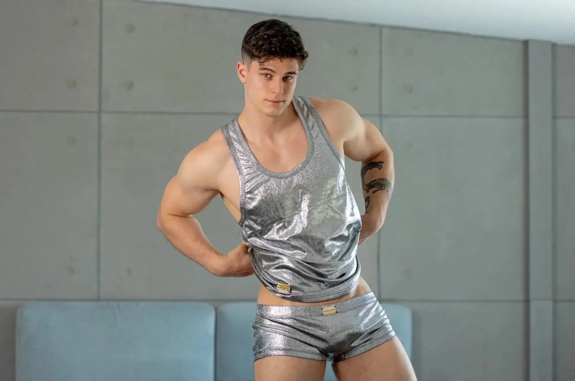 Shiny silver metallic Marcuse Midnight tank top and matching shorts set perfect for stylish evening wear