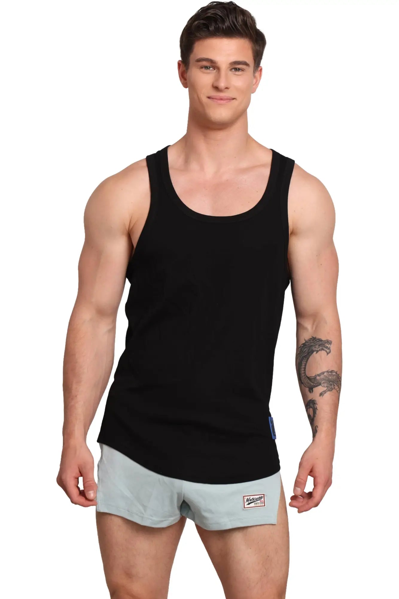 Black ribbed Marcuse Monsieur tank top with scoop neckline and small brand tag on the lower right side