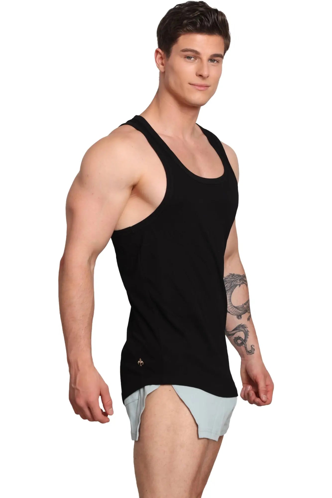 Black marcuse monsieur sleeveless tank top with subtle logo on lower left side made of soft breathable fabric