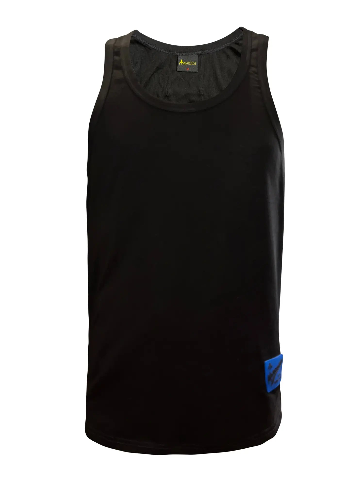 Black sleeveless marcuse monsieur tank top with subtle sheen and blue patch on lower right side