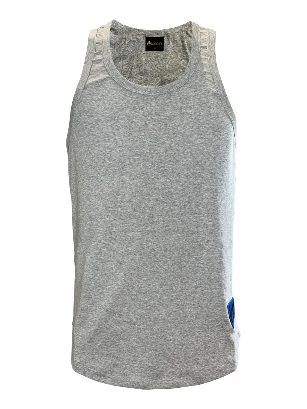 Marcuse Monsieur tank top in gray heathered fabric with a small blue patch on the lower right side