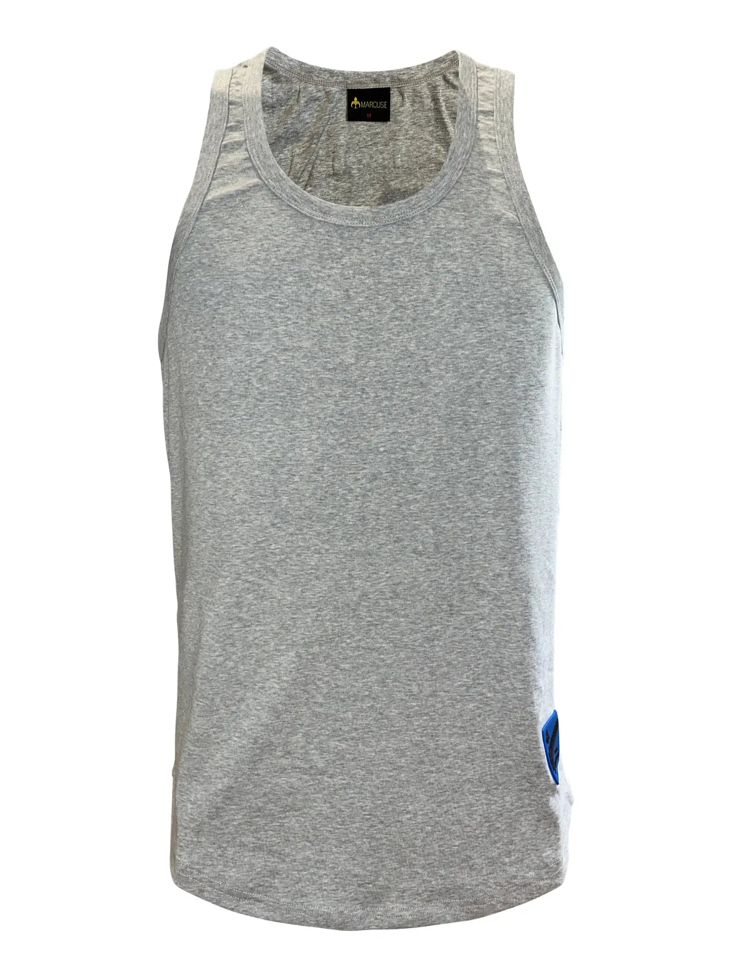 Marcuse Monsieur tank top in gray heathered fabric with a small blue patch on the lower right side