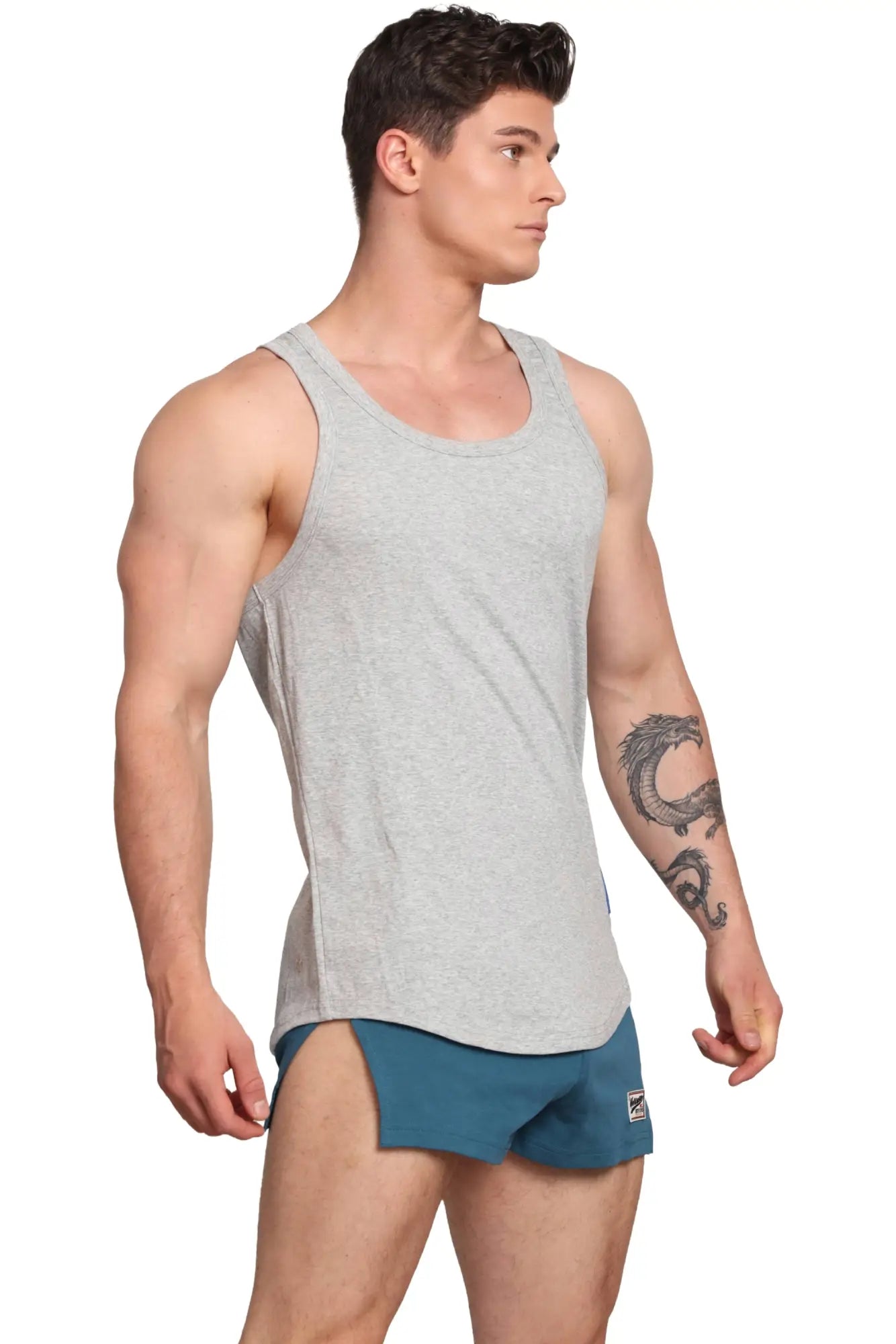 Gray heathered marcuse monsieur muscle tank top with scoop neckline and curved hem made from soft fabric