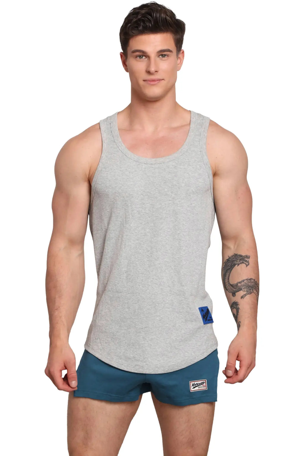 Gray heathered marcuse monsieur tank top with subtle blue brand tag on lower left side for casual wear