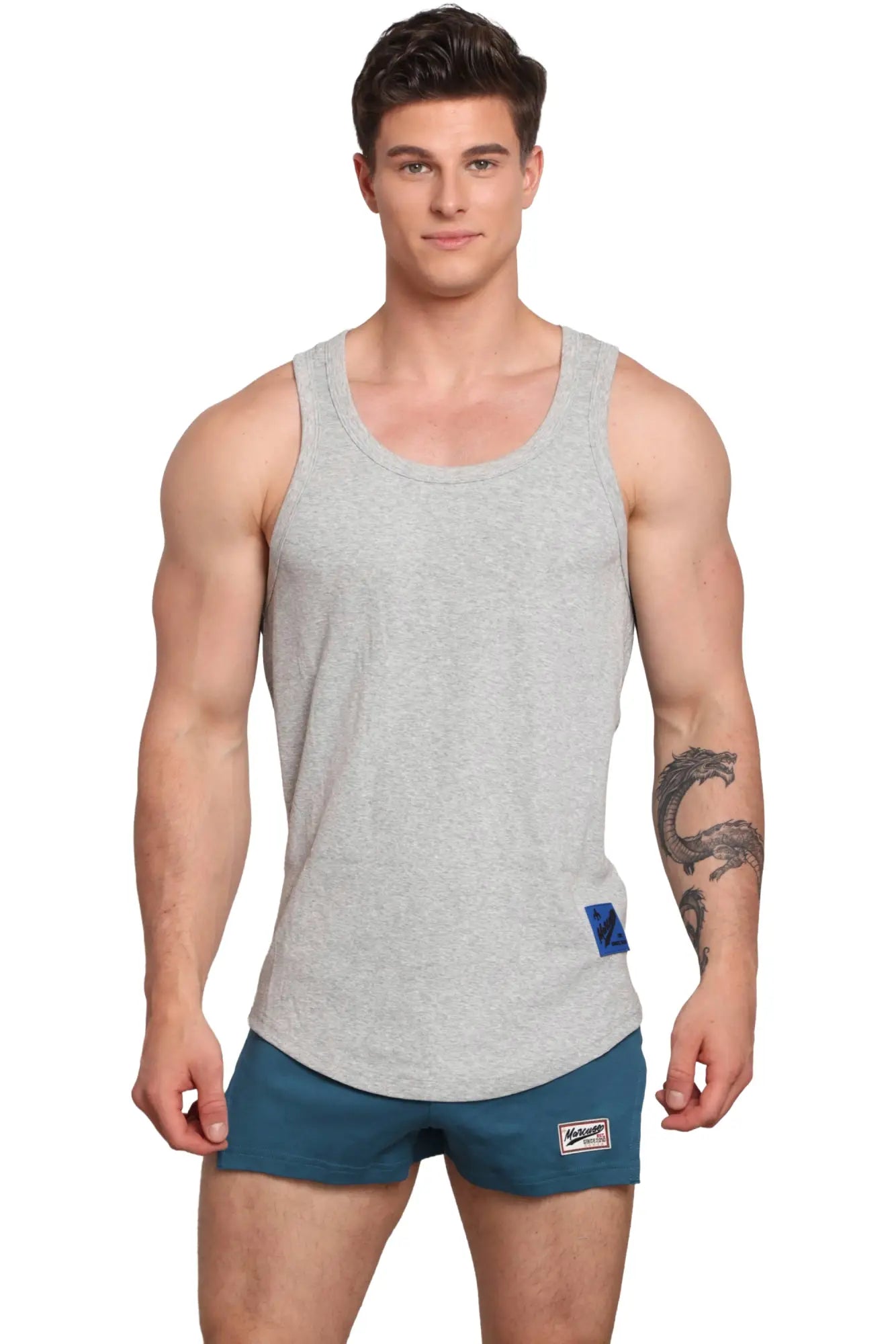 Gray heathered marcuse monsieur tank top with subtle blue brand tag on lower left side for casual wear